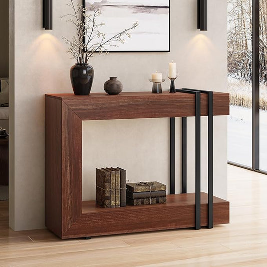 42.5" Console Table Behind Couch, 2-Tier Narrow Entryway Table with Storage, Wood Sofa Tables for Hallway/Entrance/Living Room/Foyer, Walnut Brown