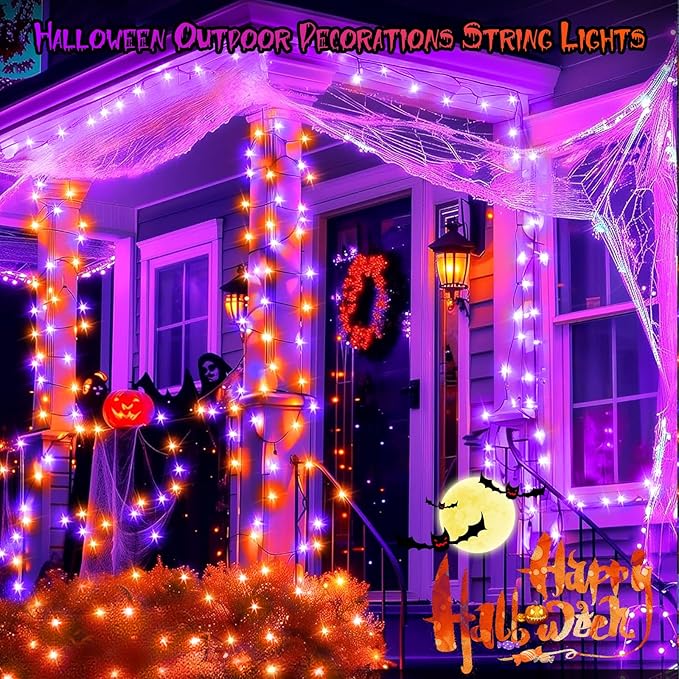 Purple&Orange Halloween Lights, 33FT 100 LED Outdoor String Light with Timer & 8 Modes, 3AA Battery Operated Waterproof String Light for Outdoor and Indoor Halloween Decor