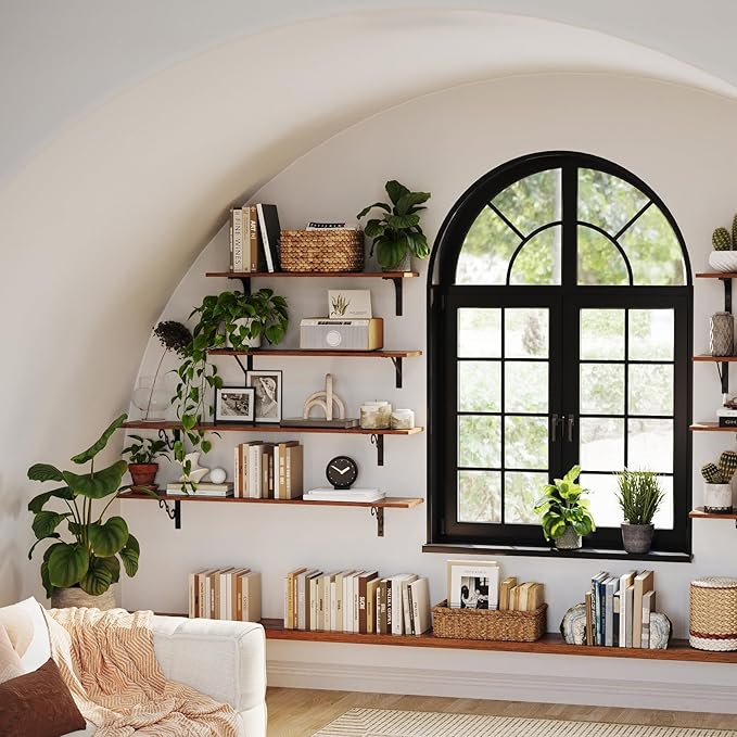 DINZI LVJ Long Wall Shelves, 31.5" Large Floating Shelves Set of 4, Farmhouse Display Shelf Wall Mounted with Heavy Duty Brackets, Easy Assembly for Kitchen, Bathroom, Bedroom, Balcony, Rustic Brown
