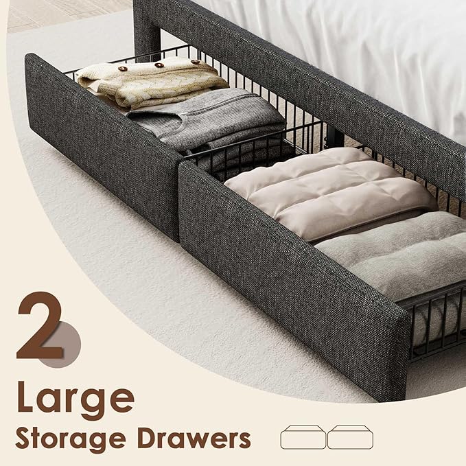 LED Full Size Bed Frame with 2 Storage Drawers, Upholstered Full Bed Frame with Headboard and Charging Station, No Box Spring Needed, Easy to Assembly-Dark Grey