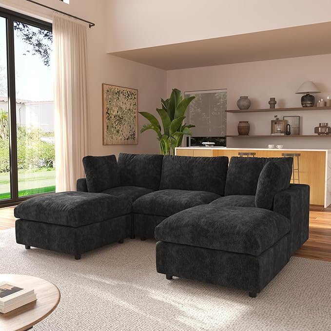 JACH U Shape Sectional Couches for Living Room, Convertible Modular Sofa with Ottomans, Cloud Sectional Couch, Sofa Covers Washable, Minimalist Couch for Living Room, Apartment, Black