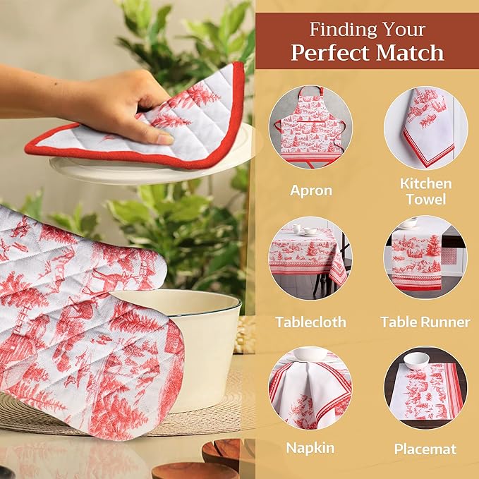 Maison d' Hermine Pot Holders Set 100% Cotton Heat Resistant Potholders 8" x 8" Hot Pads with Loop for Thanksgiving Christmas Decorations BBQ Cooking Baking Handling Hot Pans (Pack of 2, Winter Jouy)