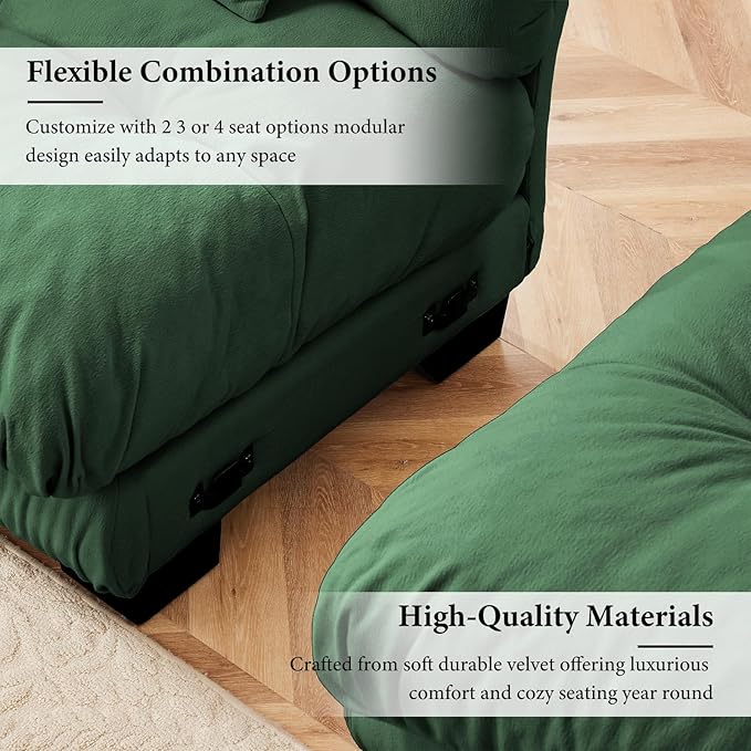 133.8" Oversized Couch, 3 Seater Modular Sectional Sofa, Green Large Sectional Couches for Living Room, Fluffy Chenille Fabric Cloud Couch with 5 Pillows, Deep Seat Sofas