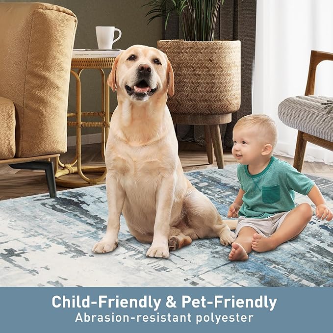 8x10 Soft Washable Area Rugs for Living Room and Bedroom, Non-Slip Stain Resistant Indoor Carpet, Cozy Floor Mat for Dining Room, Office, Under TableStain Resistant Blue