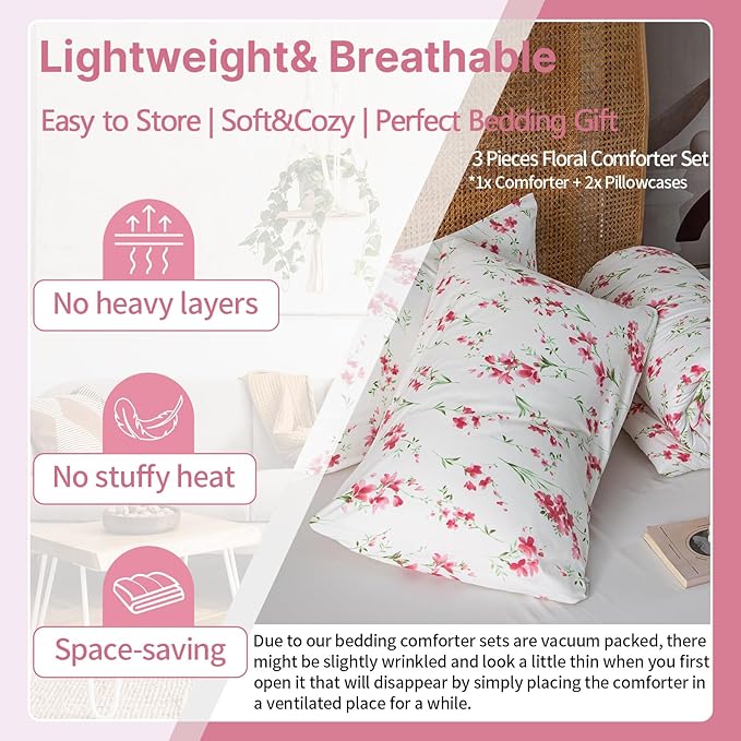 EAVD Chic Pink Floral Comforter Set Full Size Girls Soft Microfiber Garden Pink Floral Bedding Set with 2 Pillowcases Fresh Botanical Comforter Set for All-Season