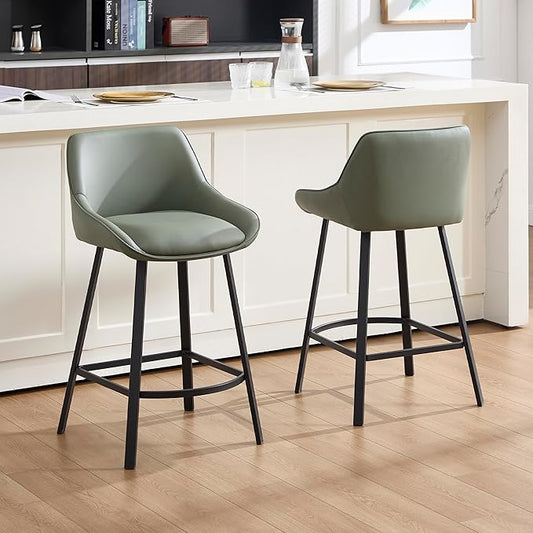 26" Modern Bar Stools Set of 2, Faux Leather Upholstered Bar Stools, Counter Height Bar Chairs with Back for Kitchen, Dining Room, Cafe, Bar - Green