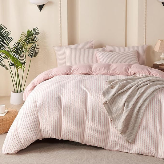 Pink Comforter King Size Set Striped 100% Soft Washed Microfiber Jacquard 3 Pieces Striped Bedding Sets Pink White Comforter for All Seasons and 2 Pillowcases Comfort Breathable