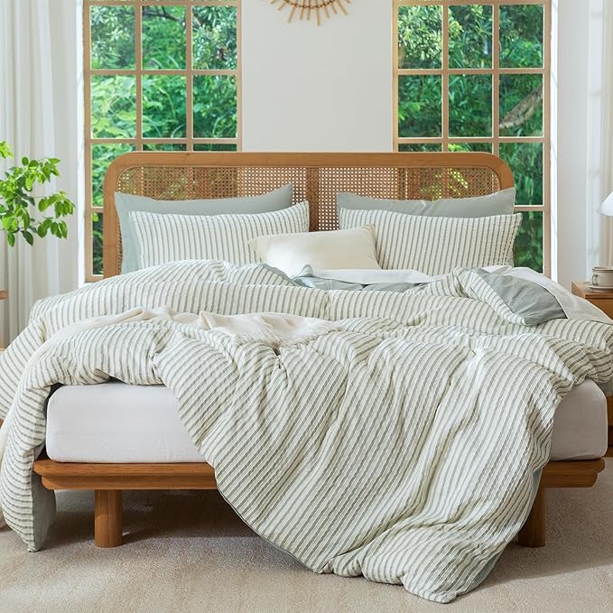 Queen Size Comforter Set Striped Soft Luxury Washed Microfiber Jacquard 3 Pieces Bedding, Grayish Green Vertical Ticking Stripes Pattern Comforter with 2 Pillowcases Breathable Durable Comfy