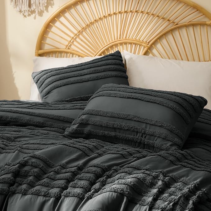BEDELITE Boho Comforter Set Queen Size, Dark Grey Tufted Striped Bed Set 3 Pieces, Soft Vintage Farmhouse Comforter for All Seasons, Boho Home Decor,Fluffy Jacquard Bedding with 2 Pillow Shams