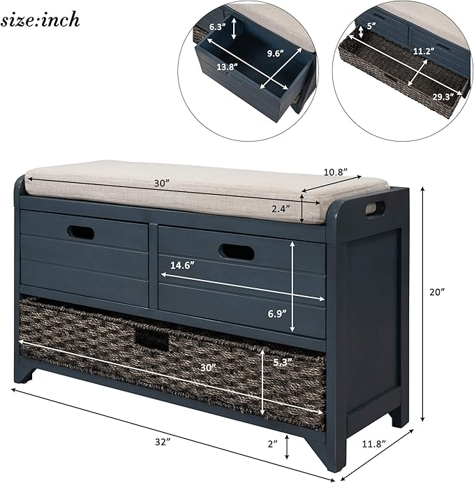 Entryway Shoe Storage Bench with Cushion, Fully Assembled Solid Wood Bench with 2 Drawers and Removable Basket for Hallway, Bedroom or Living Room (Navy)