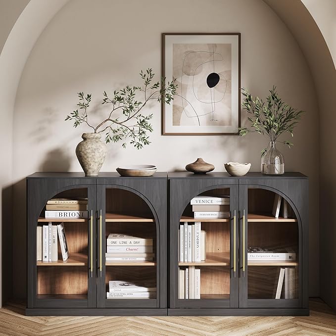 BELLEZE Set of 2 Modular Sideboard with Arched Glass Door, Accent Display Buffet Cabinet with Storage and Adjustable Shelves,Classic Modern Credenza for Dining Room Living Room Entryway (Ebony)