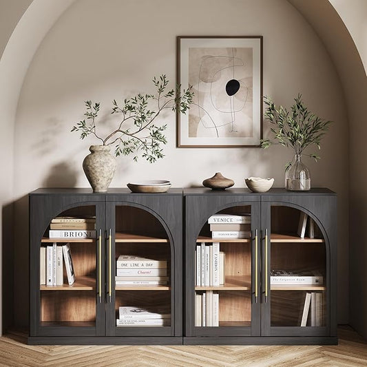 BELLEZE Set of 2 Modular Sideboard with Arched Glass Door, Accent Display Buffet Cabinet with Storage and Adjustable Shelves,Classic Modern Credenza for Dining Room Living Room Entryway (Ebony)