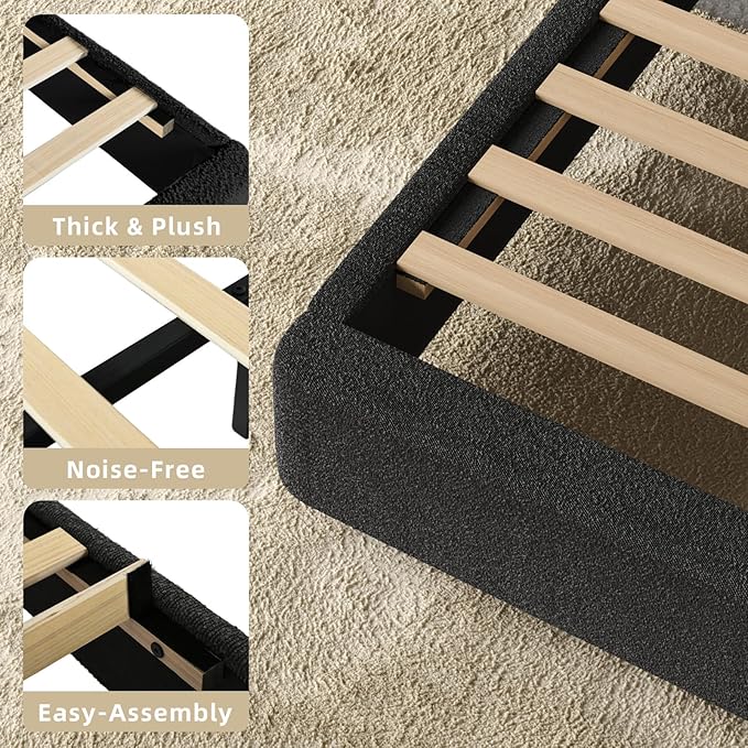 HOMBCK Full Size Boucle Bed Frame, Upholstered Bed Frame Full with Headboard, Soft BedFrame with Thickened Footboard, Soft Rounded Corners, No Box Spring Required, Easy Assembly, Black