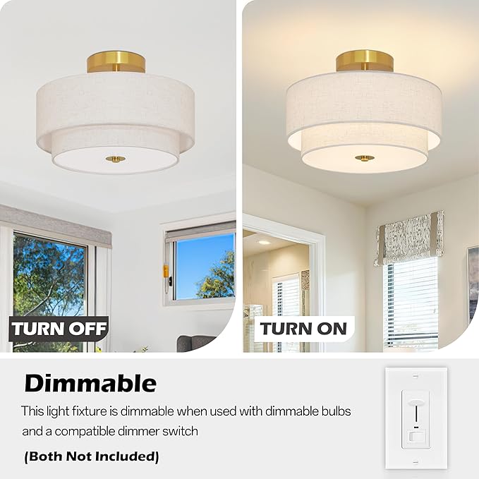 2 Light Semi Flush Mount Ceiling Light Fixture 12.6 Inch Modern Gold Drum Lights Fixture with 2-Layer Fabric Shade Dimmable Close to Ceiling for Living Room Hallway Bedroom Entryway