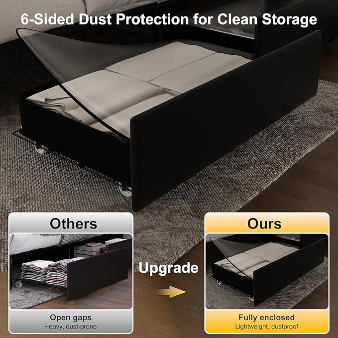 Full Led Bed Frame with 4 Storage Drawers, Bed Frame with Led Lights No Box Spring Needed, 900 lbs Capacity, Easy Assembly, PU Black