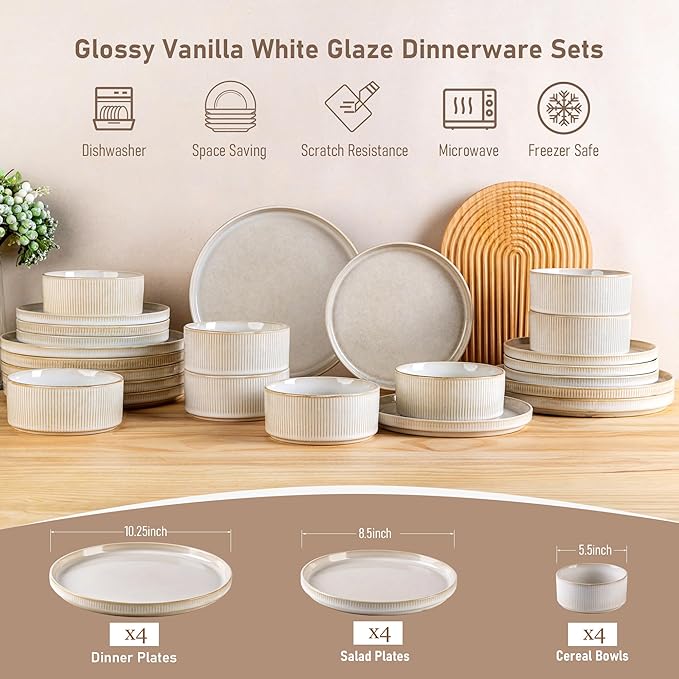 GBHOME Stoneware Dinnerware Sets for 4,Round Reactive Glaze Ceramic Plates and Bowls Set,Highly Scratch Resistant | Dishwasher & Microwave Safe Dishes Set,Service for 4(12Pcs),Vanilla White