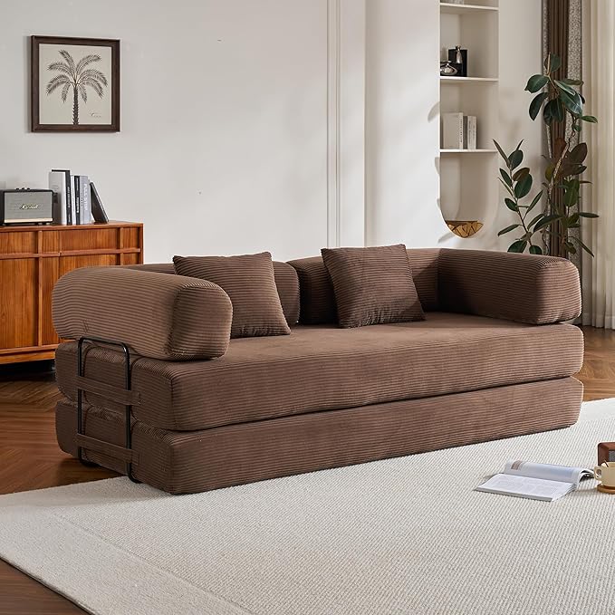 Convertible Folding Couch Bed, Comfy Corduroy Sleeper Floor Sofa Bed with Fixed-Shape Frame, Floor Sofa with Armrest, Lounge Couch for Living Room Bedroom Lounge Studio, Dark Brown