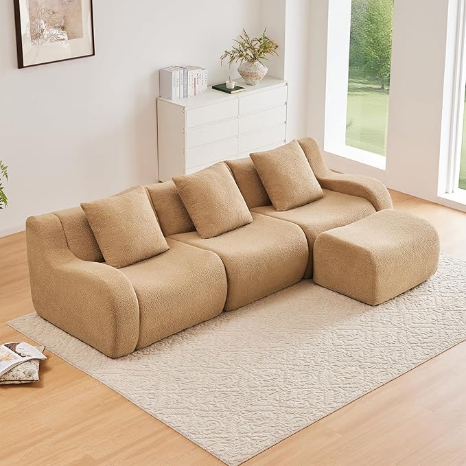 Camel L-Shaped Cloud Couch with 1 Ottoman, Modern Teddy Fabric Boneless Sectional Sofa in a Box, Modular Floor Sofa for Living Room, Deep Seat, No Assembly Required, Sofas para Sala