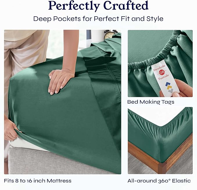 California Design Den Soft 400 Thread Count, Natural 100% Cotton Sheets Sateen, King Bed Sheets Set, Deep Pockets with All Around Elastic for a Snug Fit, Cool & Durable Bedding Set - Hunter Green