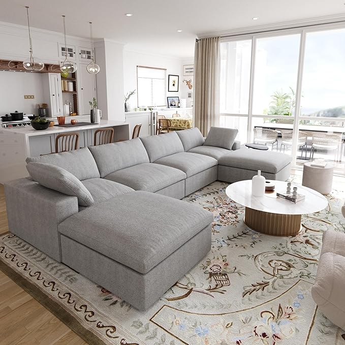 JACH U-Shaped Couches for Living Room, 6-Seats Modular Convertible Sectional Sofa Couch, Couch Cushion Covers Removable, Comfy Sofas with Chaise Ottomans for Apartment Bedroom Office (Grey)