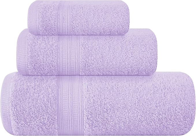 BOUTIQUO Ultra Soft 3 Pack Cotton Towel Set, Contains a Bath Towels 27x54 inch, a Hand Towels 16x24 inch & a Wash Coths 12x12 inch, Ideal Everyday use, Compact & Lightweight - Purple