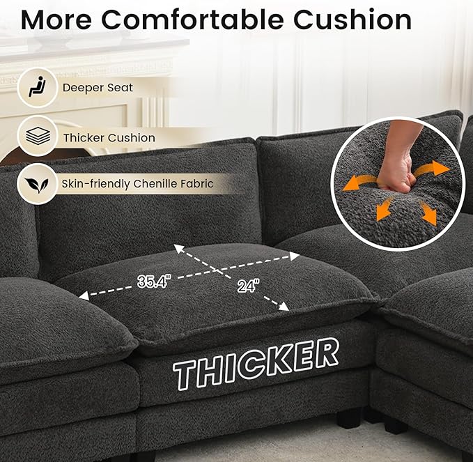 ROWHY Oversized Modular Sectional Couch with Movable Ottoman, 112" Modern Convertible L Shaped Sofa Set, 4 Seat Comfy Cloud Couch with 2 Throw Pillows, for Living Room, Chenille, Charcoal Grey