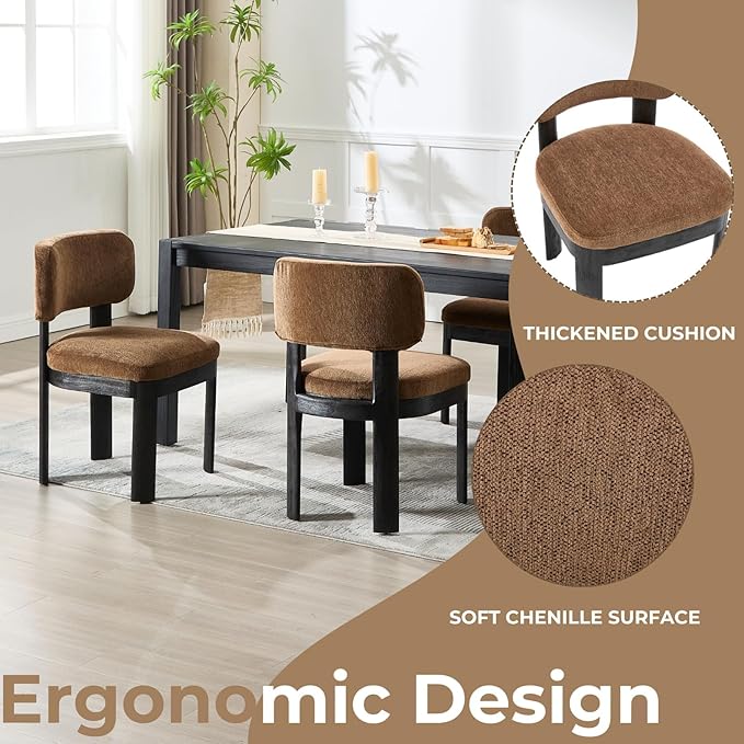 Modern Brown Upholstered Dining Chairs Set of 2 Wooden Side Chairs with Curved Backrest and Black Legs for Kitchen Island, Dining Room