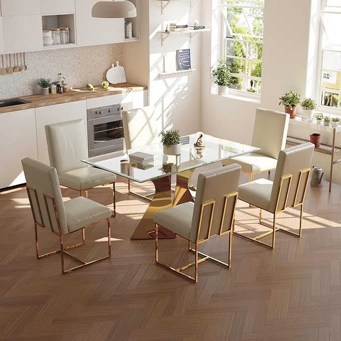 AUZ Dining Chairs Set of 8, White Faux Leather Dining Room Chairs with Gold Stainless Steel Sled Legs