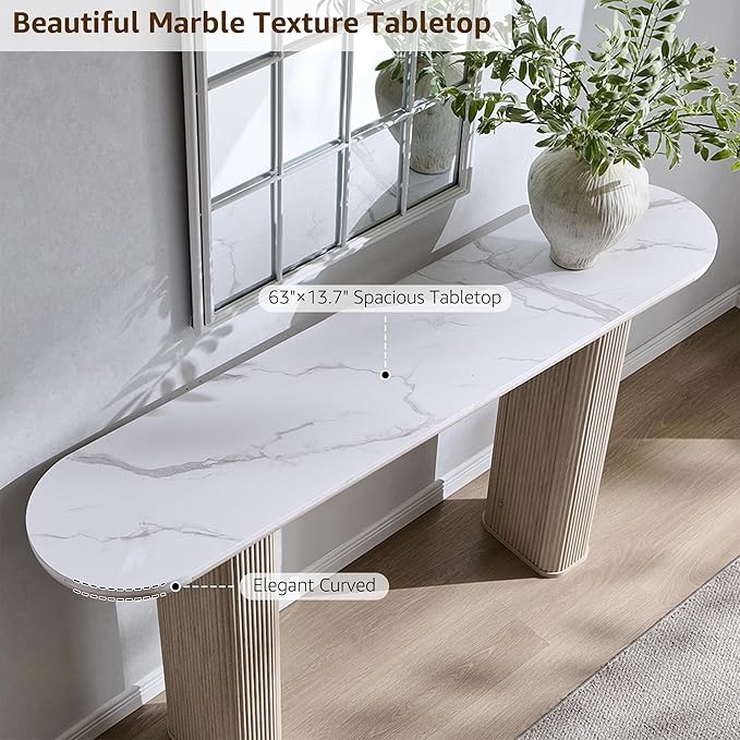 OKD 63" Modern Console Table with Arc Marble Texture Top, Fluted Wood Base, Contemporary Entryway Sofa Table for Living Room, Hallway, Foyer, White Alder