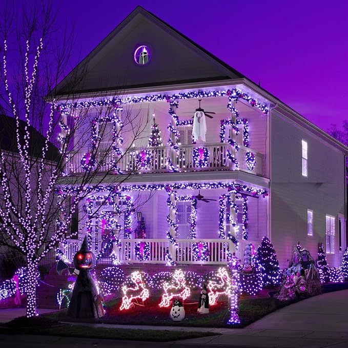 Kwaiffeo Purple Christmas Lights, 100FT 300LED String Light Outdoor Indoor, 8 Modes Connectable Purple Lights for Christmas Halloween Decorations Outside, Fairy Light for Party Yard Tree Decor