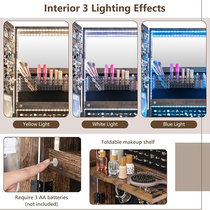 GOFLAME Standing Jewelry Cabinet Armoire with Wheels, Lockable Jewelry Storage Organizer with Full Length Mirror, 3-Color LED Lights, Interior Makeup Mirror, Jewelry Armoire for Bedroom (Rustic Brown)