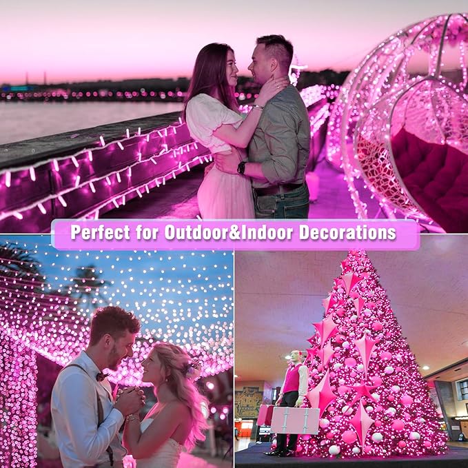 100ft Pink Christmas Lights Outdoor 300 LED Pink String Lights 8 Modes Clear Wire, Plug in Waterproof Twinkle Fairy Lights for Bedroom Indoor Wedding Christmas Party Decorations