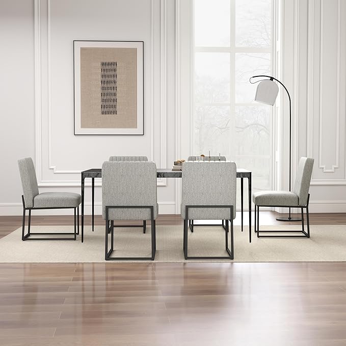 VKNOW Upholstered Dining Chairs Set of 6, Modern Dining Room Chairs with Stripe, Linen Kitchen Chair Dinner Chair with Black Metal Base for Kitchen Office, Light Grey