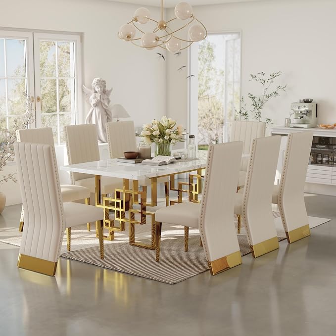 AUZ White and Gold Dining Chairs Set of 2, White PU Leather Dining Room Chair with Nailhead Trim and Gold Polished Metal Legs, Luxury High Back Dining Chairs