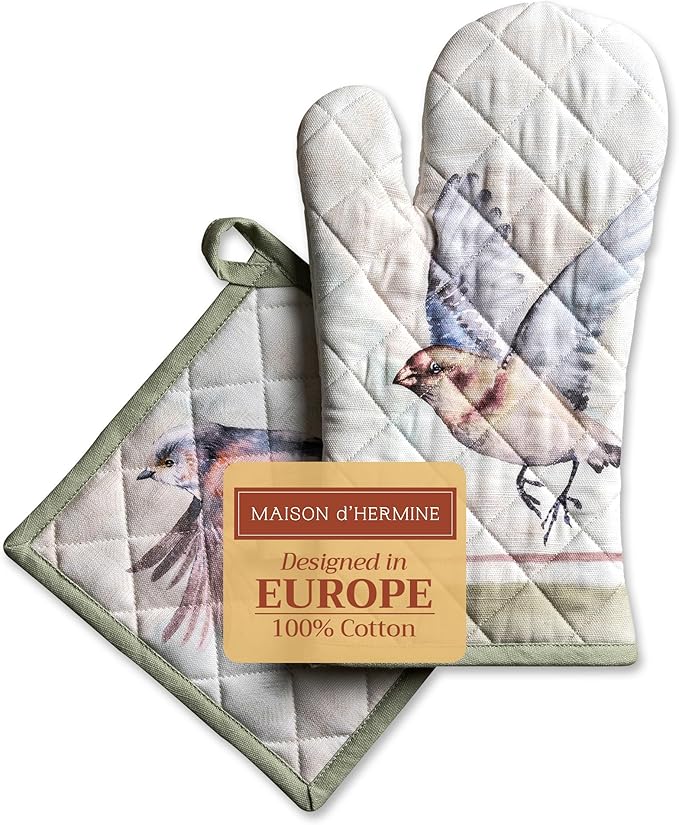 Maison d' Hermine 100% Cotton Oven Mitt & Pot Holder Set (7.5"x13" & 8"x8") Heat Resistant BBQ Cooking Gloves with Loop, Baking, Grilling, Kitchen, Handling Hot Pans Spring/Summer (Flying Birds)