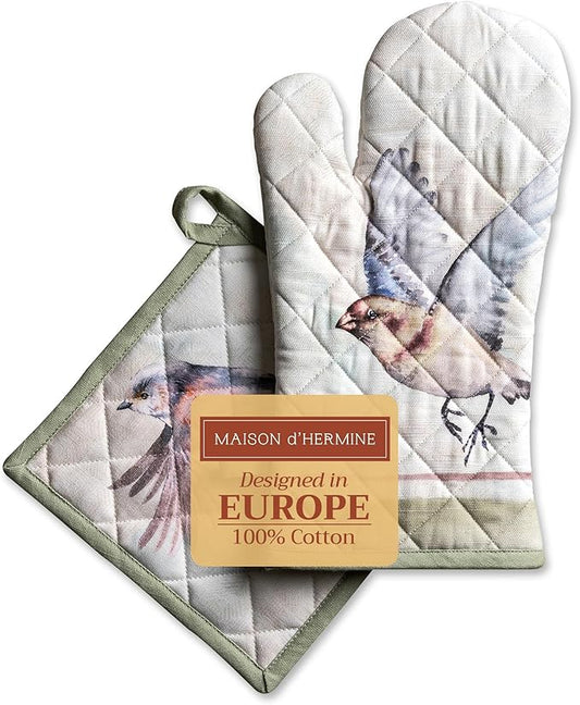 Maison d' Hermine 100% Cotton Oven Mitt & Pot Holder Set (7.5"x13" & 8"x8") Heat Resistant BBQ Cooking Gloves with Loop, Baking, Grilling, Kitchen, Handling Hot Pans Spring/Summer (Flying Birds)