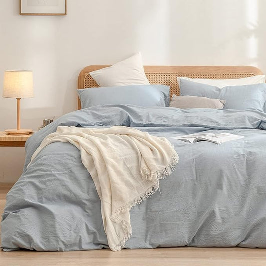 BESTOUCH Duvet Cover Set 100% Washed Cotton Linen Feel Super Soft Comfortable Chic Lightweight 3 PCs Home Bedding Set Solid Cornflower Blue Super King