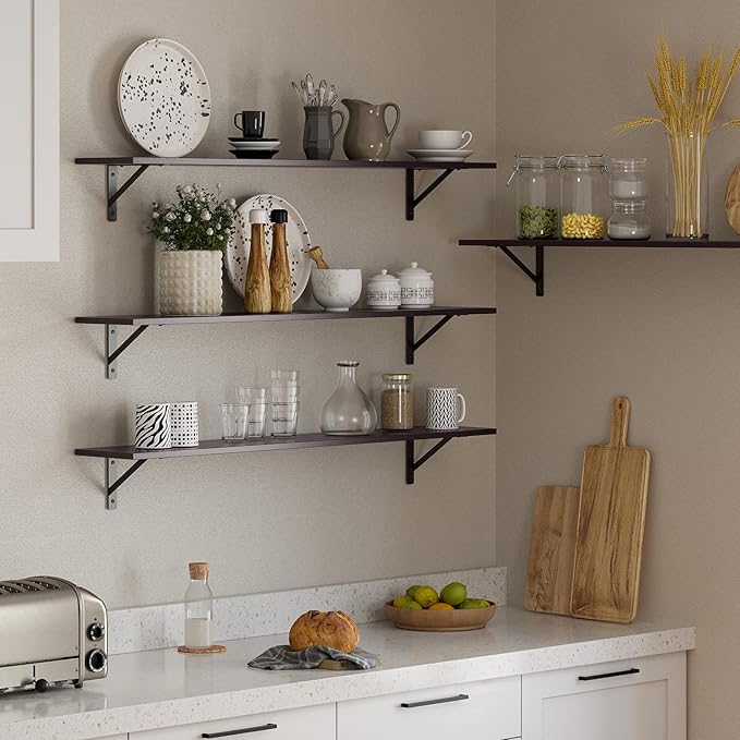 DINZI LVJ Long Wall Shelves, 55.1Inch Wall Mounted Shelves Set of 2, Extra Large Floating Storage Ledges with Sturdy Metal Brackets for Living Room, Bathroom, Bedroom, Kitchen, Espresso
