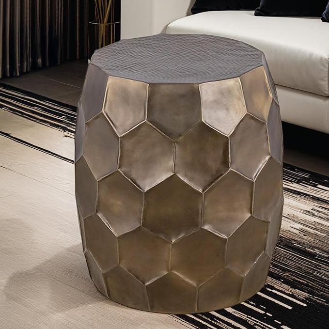 Modern Contemporary Round Aluminum Material 32" Coffee Table and 21" Height Table 2PC Table Set with Glossy Diamond-Patterned Base Antique Gold