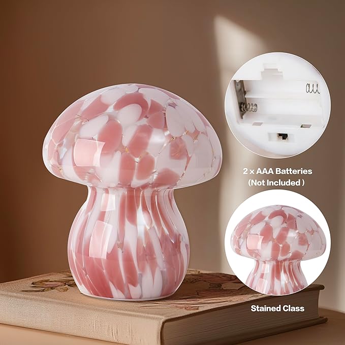 Glass Mushroom Table Lamp, 5.9" Cute LED Night Light for Home Decor, Battery Operated (3 AA), Modern Ambient Light for Living Room Bedroom Office Light Pink