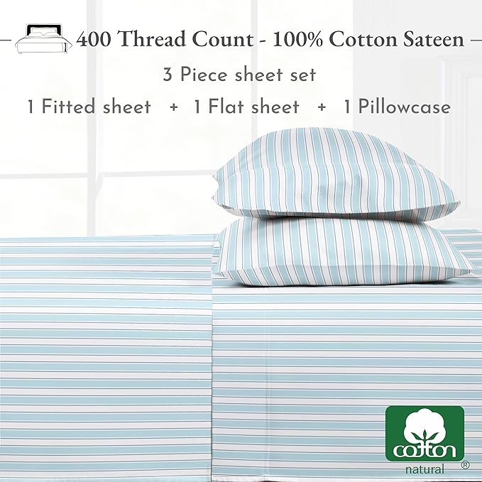 California Design Den Deep Pocket Twin Sheets Set - 400 Thread Count Sateen, Natural 100% Cotton Sheets, Cooling and Durable Bedding Set - Cape Stripe