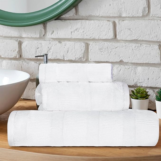 Superior Roma Cotton 3 Piece Assorted Towel Set, Highly Absorbent, Ribbed, Quick-Dry, Shower, Spa Basics, Home Essentials, Solid, Includes; 1 Bath Towel, 1 Hand Towel, 1 Face Towel, White