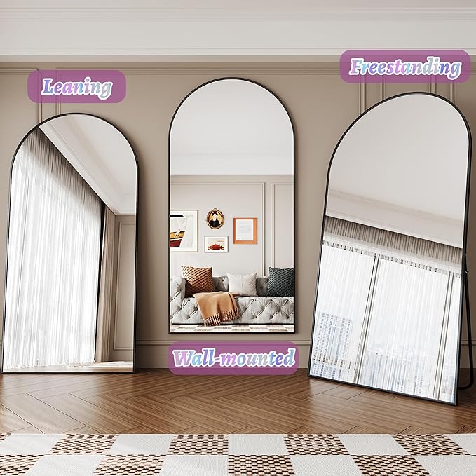 Full Length Mirror, 78"x38" Arched Floor Mirror Freestanding, Floor Standing Full Body Mirror with Stand for Bedroom, Hanging Mounted for Living Room Cloakroom, Black