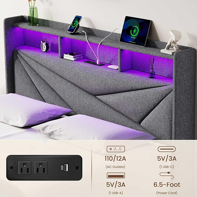 LED Full Size Bed Frame with 2 Storage Drawers, Upholstered Full Bed Frame with Headboard and Charging Station, No Box Spring Needed, Easy to Assembly-Light Grey