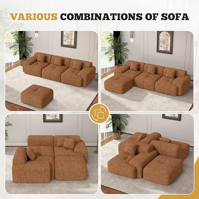 122" Modern L Shaped Modular Sectional Sofa, Boneless Couches for Living Room with Ottoman,4 Seater Convertible Chenille Cloud Couch Sofa Set, No Assembly Required, Orange 1 PCS
