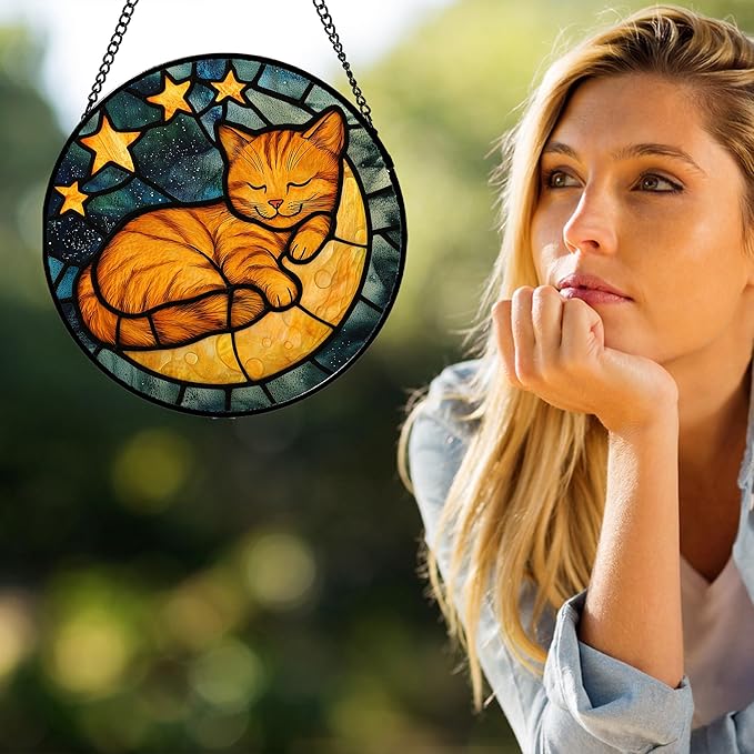 Stained Glass Window Hanging - Orange Cat Sun Catcher for Door Home Decor Stars and Moon Suncatcher Christmas Mother's Day Birthday Loss of a Pet Gifts for Women Men Mom Nana 15 in