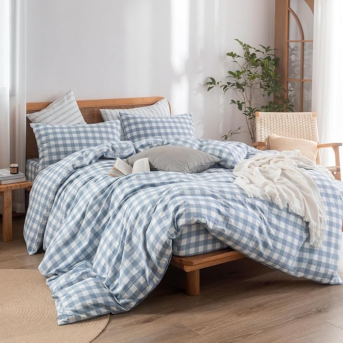 BESTOUCH Duvet Cover Set 100% Washed Cotton Linen Feel Super Soft Comfortable Chic Lightweight 3 PCs Home Bedding Set Cornflower Blue & White Grid King