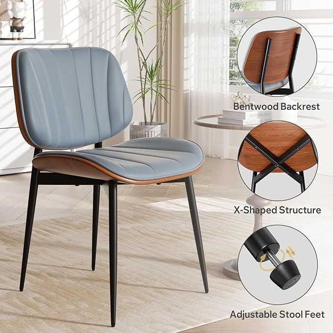Dining Chairs Set of 4, Mid Century Modern Dining Room Chair, Upholstered Faux Leather Kitchen Chairs with Walnut Bentwood Back and Metal Legs for Kitchen Dining Room Living Room, Blue