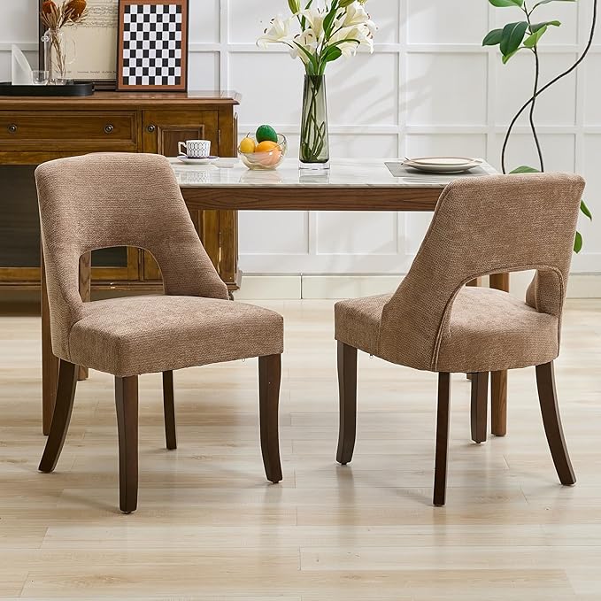 UVV Wooden Dining Chairs Set of 2, Mid Century Modern Upholstered Dining Room Chair Kitchen Chairs, Chenille Dinner Chair with Solid Wood Legs for Kitchen Dining Room, Khaki-Chenille