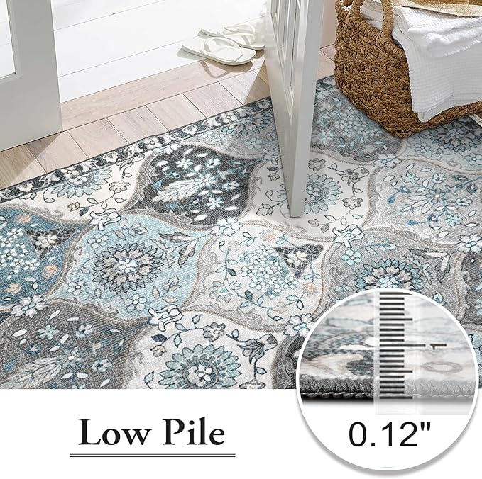 Lahome Moroccan Washable Area Rug 6x9, Ultra-Thin Large Living Room Rugs for Bedroom, Oriental Trellis Distressed Non Shedding Throw Carpet for Dining Room Office, Blue
